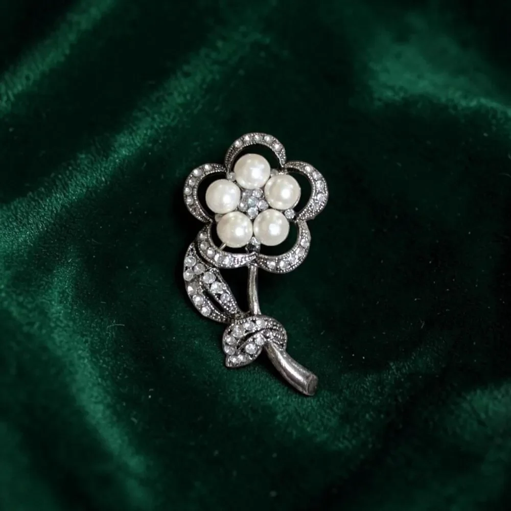 Pearl Rhinestone Flower Brooch, Silver Tone Floral Pin, Cottagecore Jewelry